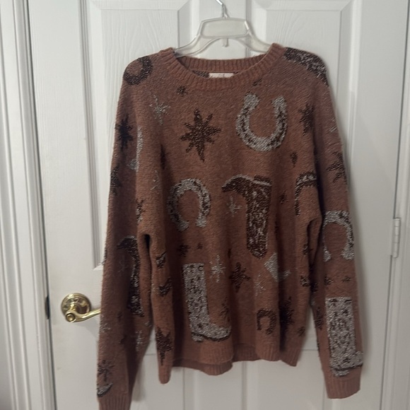 Entro Warm Brown Knit Sweater western glitter detail size large - Picture 1 of 4
